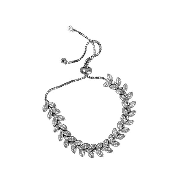 Rhodium-Plated Adjustable Leaf Design Bracelet With Cubic Zirconia Stones - Picture 1 of 6